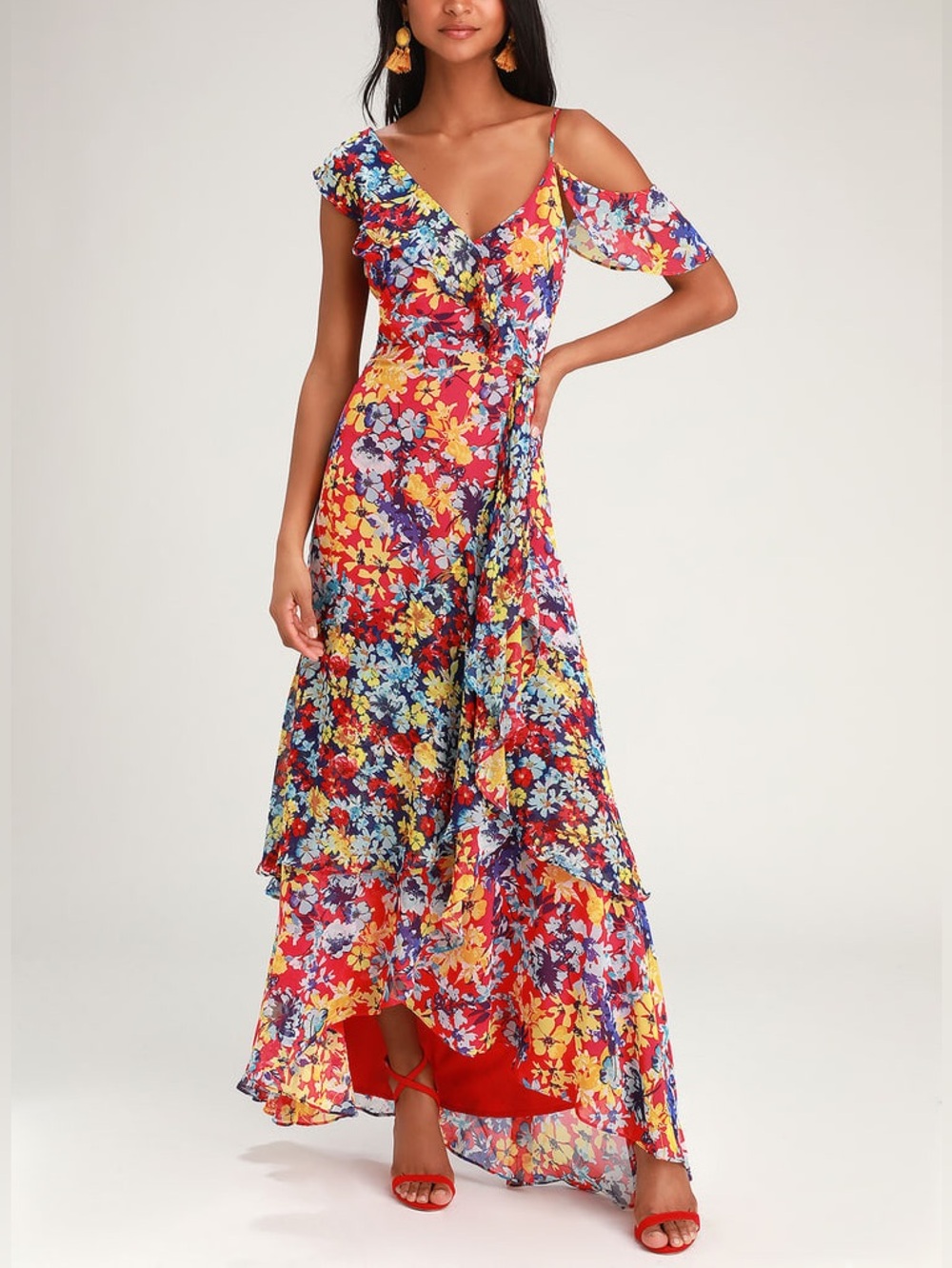 Lulus Radiant Ruby Red Floral Print Chiffon Maxi Dress Size XSmall NWT XS